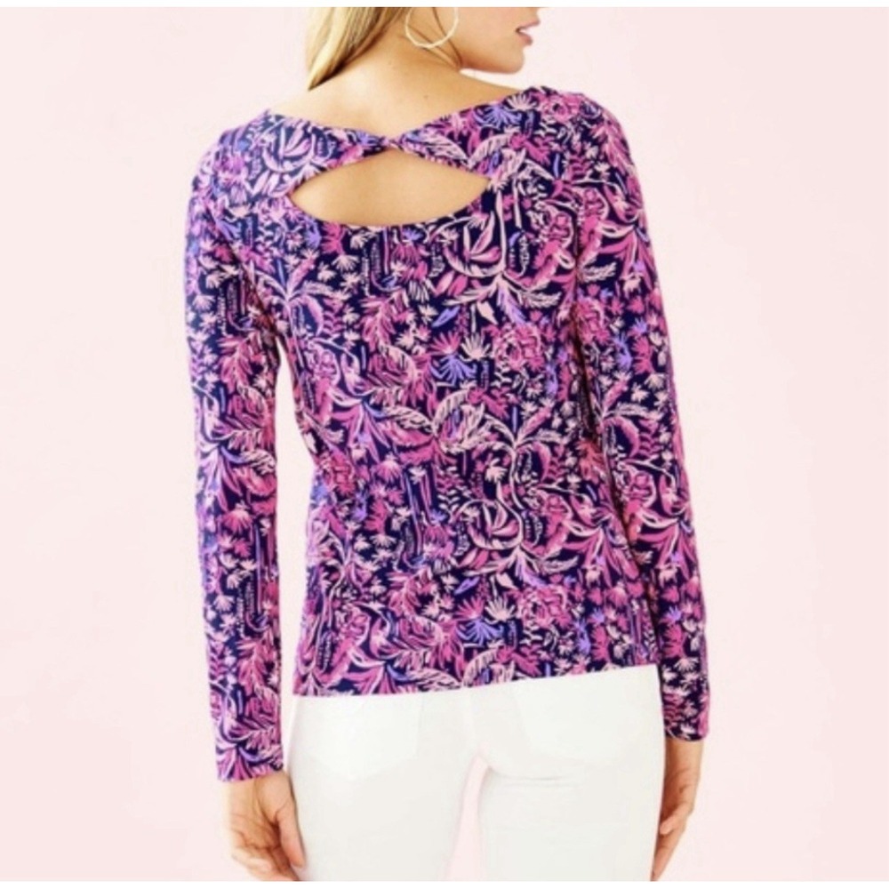 Lilly Pulitzer Sz XS Long Sleeve‎ Top Navy Pink Tropical Twist Back Cutout - Picture 2 of 6